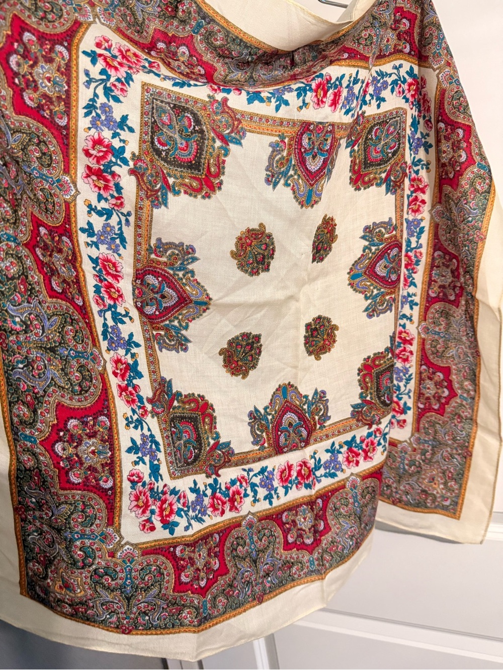 Paisley Floral Square Scarf in Cream and Red